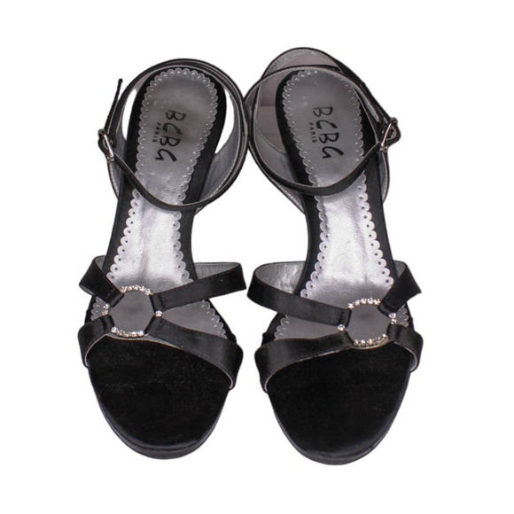 BCBG Paris High Heel Strappy Sandals Ankle Strap Black Satin Rhinestone 7.5B - Picture 3 of 5
